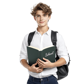 A young man holding a book with the word school on it png