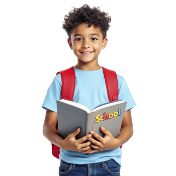 A young boy holding a book with the word school on it png