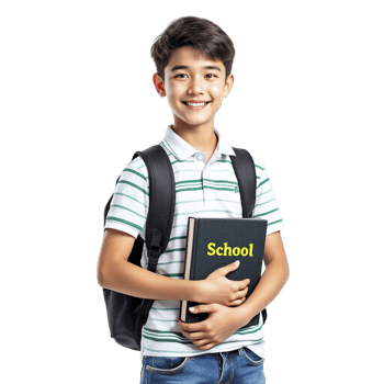 A boy holding a book with the word school on it png