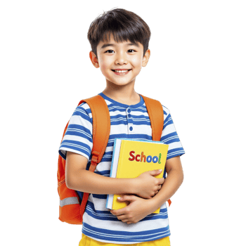 A young boy holding a book and a backpack png