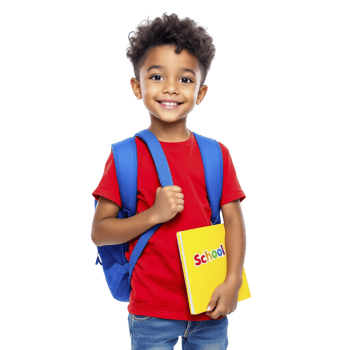 A young boy holding a backpack and holding a book png