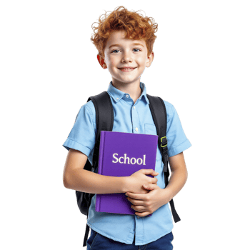 A boy holding a purple school book png