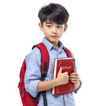A young boy holding a book and a backpack png