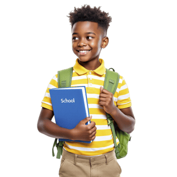 A young boy holding a school backpack png