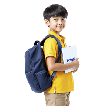 A boy in yellow shirt holding a school bag png