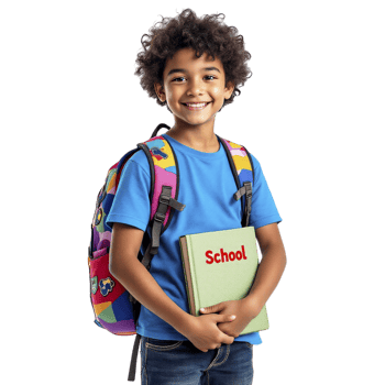 A young boy holding a book with the word school on it png