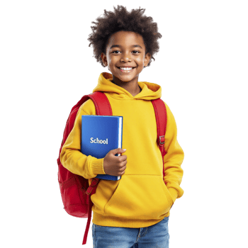 A young boy in a yellow hoodie holding a book and a backpack png