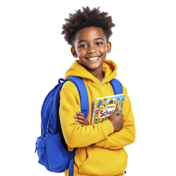 A young boy in a yellow hoodie holding a book png