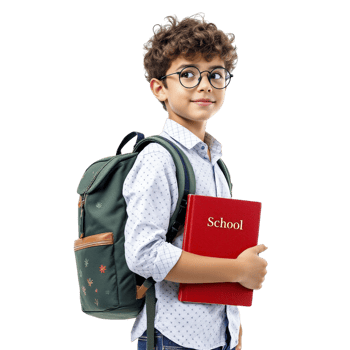 A young boy with glasses holding a book and a backpack png