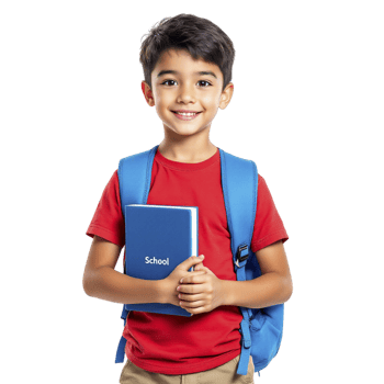 A young boy holding a book and a backpack png