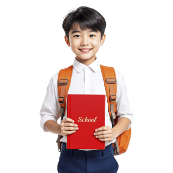 A young boy holding a book with the word school on it png