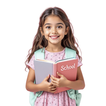 A girl holding a book with the word school on it png