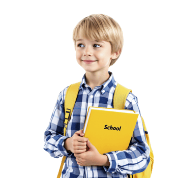 A young boy holding a yellow book with the word school on it png