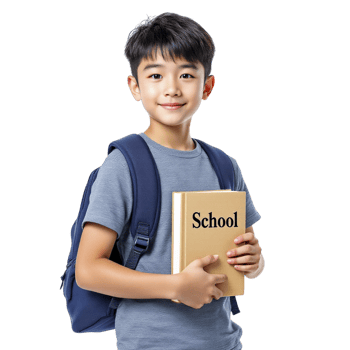 A young boy holding a book with the word school on it png