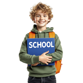 A boy holding a school book with the word school on it png