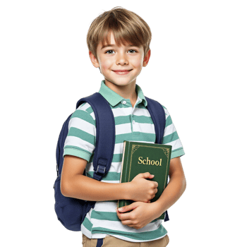 A young boy holding a book and a backpack png