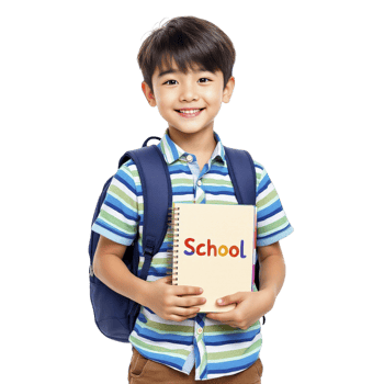 A young boy holding a notebook with the word school on it png