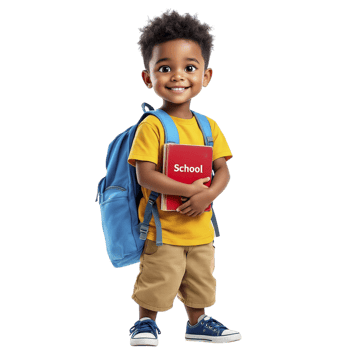 A little boy holding a book with a school backpack png