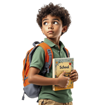 A young boy holding a book with a school backpack png