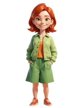 A cartoon girl in shorts and a green jacket png