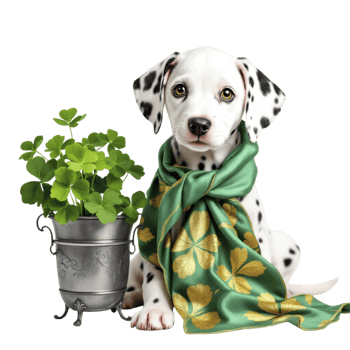 A dalmatian dog with a green scarf and a pot of shamrock png