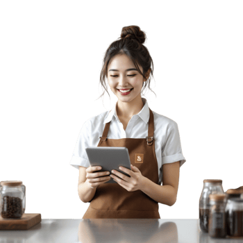 A woman in an apron is using a tablet png
