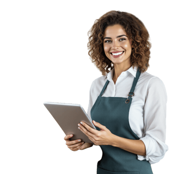 A woman in an apron holding a tablet computer png