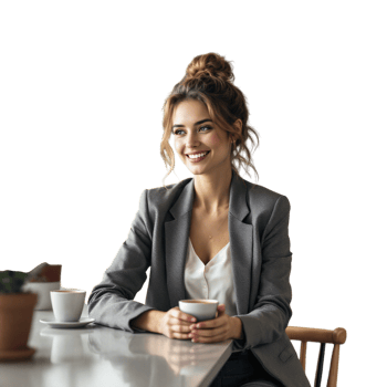 A woman sitting at a table with a cup of coffee png