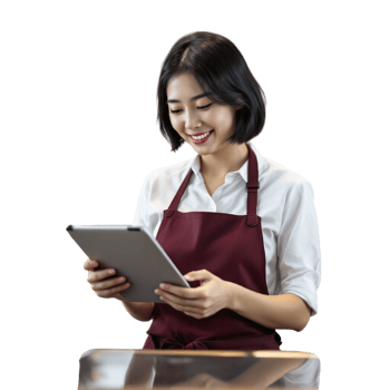 A woman in an apron is using a tablet png