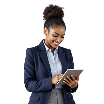 A woman in a business suit is using a tablet png
