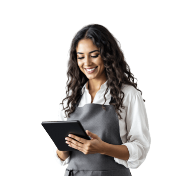 A woman in an apron is holding a tablet png