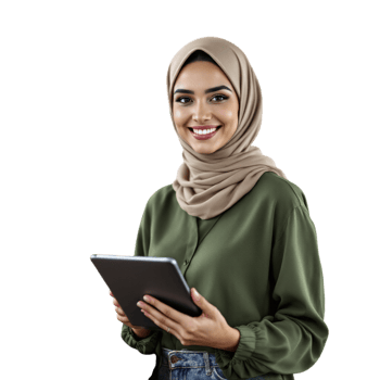 A woman in a hijab holding a tablet computer png