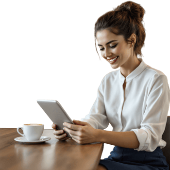 A woman sitting at a table with a tablet and cup of coffee png