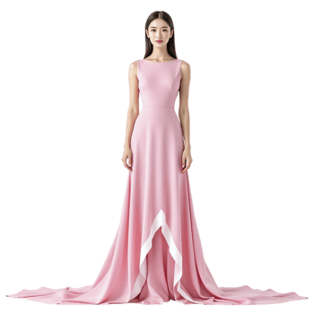 The pink evening gown is designed with a high neckline and a low back png