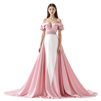 The pink and white gown is designed with a long train png