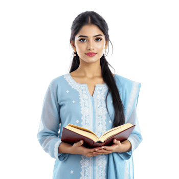A beautiful indian woman in a blue dress holding a book png