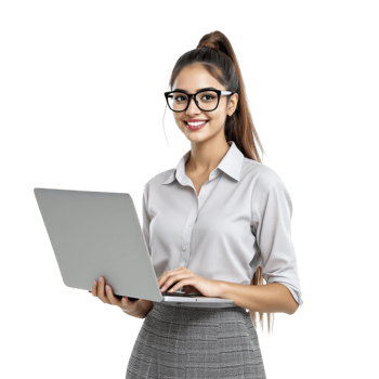 A woman in glasses holding a laptop png