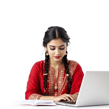 A woman in indian attire sitting at a table with a laptop png