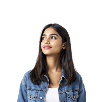 A young woman in a denim jacket looking up png