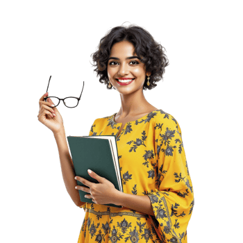 A beautiful young woman in a yellow dress holding a book and glasses png