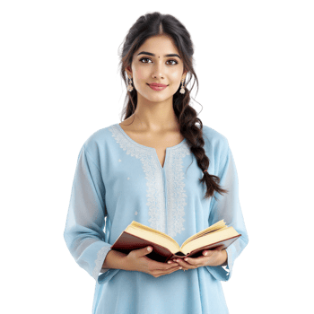 A beautiful young woman in a blue dress holding a book png