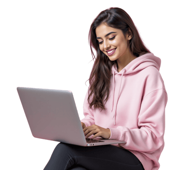 A woman in a pink hoodie is sitting on a chair and using a laptop png
