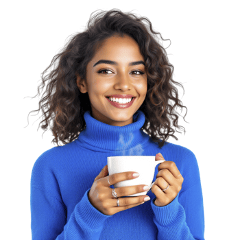 A woman in a blue sweater holding a cup of coffee png