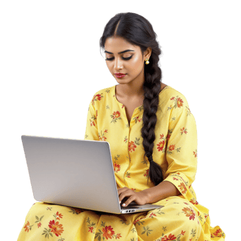 A woman in yellow dress sitting on the floor with a laptop png