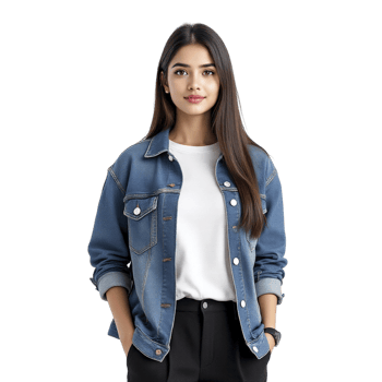 A woman wearing a denim jacket and black pants png