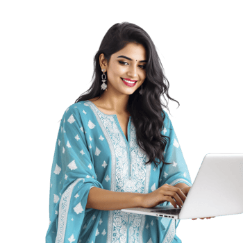 A woman in a blue sari holding a laptop png