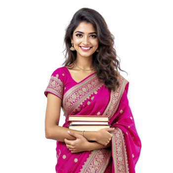 A beautiful indian woman in pink sari holding books png