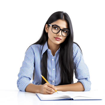 A woman in glasses is writing in a notebook png