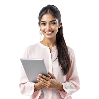 A woman holding a tablet computer png