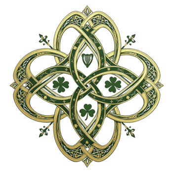 Celtic knot design with gold and green leaves png